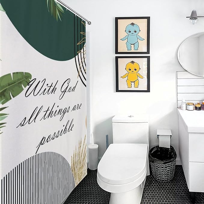 Boho Bible Verse Shower Curtain Abstract Christian Quotes Mid Century Gold Leaves Minimalist Arch Scriptures Washable Waterproof Fabric for Bathroom Decor Bathtub with 12 Hooks 55x72in（140x183cm）