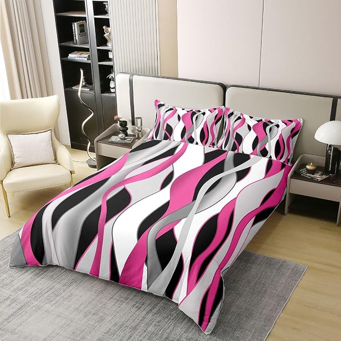 Erosebridal Pink and Black Abstract Bedding Set Queen Waves Striped Geometric 100% Cotton Duvet Cover Stripes Aesthetic Line Comforter Cover for Kids Teens Adults Contemporary Boho Bed Set 3 Pcs