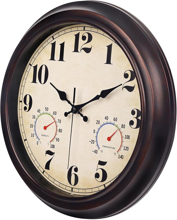 45MinST 13 Inch Red-Brown Vintage Waterproof Wall Clock with Thermometer & Hygrometer, Large Silent Numerals & Accurate Timekeeping for Indoor & Outdoor(Garden,Porch,Pool)