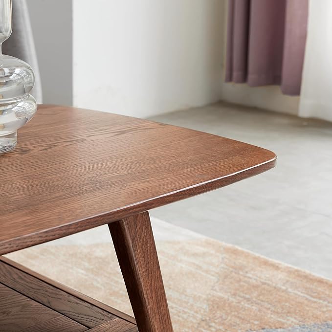 100% Solid Wood 2-Tier Coffee Table with Open Storage, Easy Assembly Center Table for Living Room, Walnut Finish with Side Table Function, Mid Century Modern Style (47.24" Solid Wood Table)