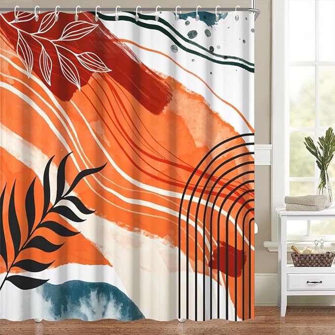 Mid Century Boho Shower Curtain for Bathroom Modern Abstract Aesthetic Bathroom Decor Set Abstract Geometric Leaf Bathtub Curtains Machine Washable Waterproof Polyester Fabric with Hooks 69x75 Inch