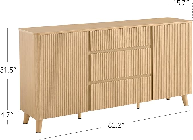 CHITA 62" Sideboard Buffet Cabinet with Storage, Fluted Cabinet with Drawers, Natural Oak