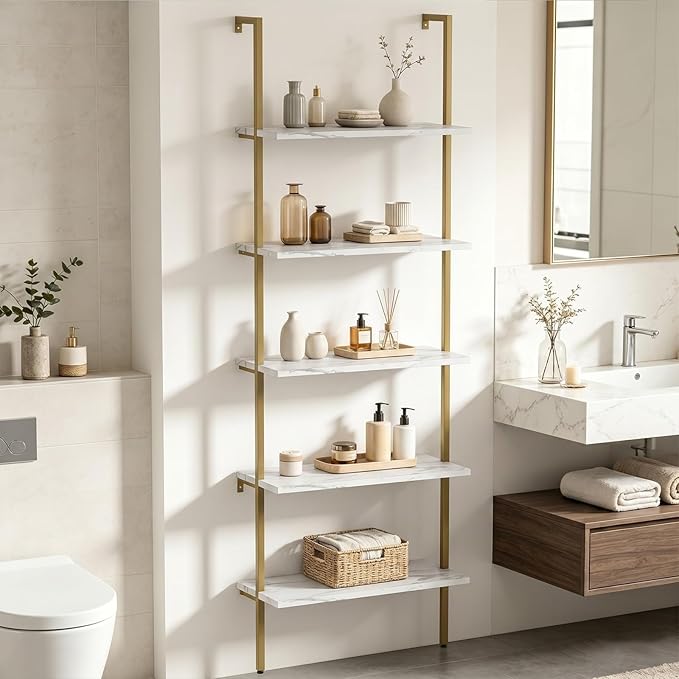 aboxoo Ladder Shelf 2PCS White Marble Bookshelf 5-Tier Wall-Mounted Wood Rack Open Industrial Modern Plant Flower Stand Utility Organizer Bookcase Metal Frame Furniture Office Kitchen Bedroom