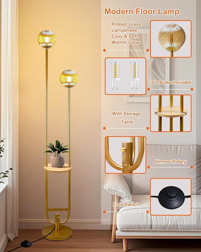 Lightdot Glass Floor Lamp with Tray, 2Pcs 3000K Warm White Bulbs Included, Mid Century Modern Standing Lamps, Gold Dimmable Globe Floor Lamp for Living Room/Wedding/Party//Sofa Beside/Corner Decor