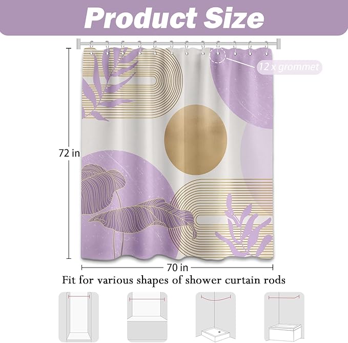 Purple Shower Curtain Lavender Light Purple and Gold Shower Curtains for Bathroom Decor MCM Bath Curtain Set, Waterproof Fabric with Hooks 70 x 72 Inch