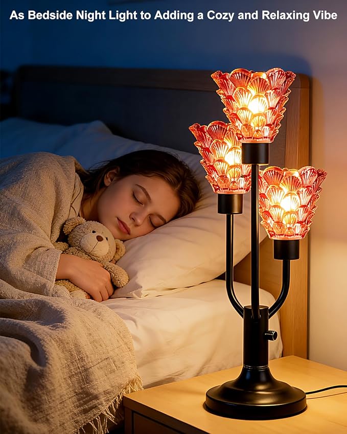 Lightdot Vintage Mid Century Modern Table Lamp for Living Room Dimmable Nightstand Lamp Red Glass Black Desk Lamp 3 Bulbs Included Warmwhite Ambient Bedside Lamps for Bedroom Home Office Decor Gift