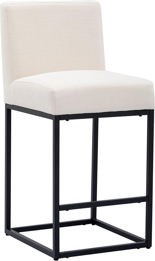 27" Height Cream Fabric Bar Stool, Counter Height Stool with Back and Footrest for Kitchen Modern Metal Barstool, Linen Upholstered Farmhouse Bar Chair Island Stool