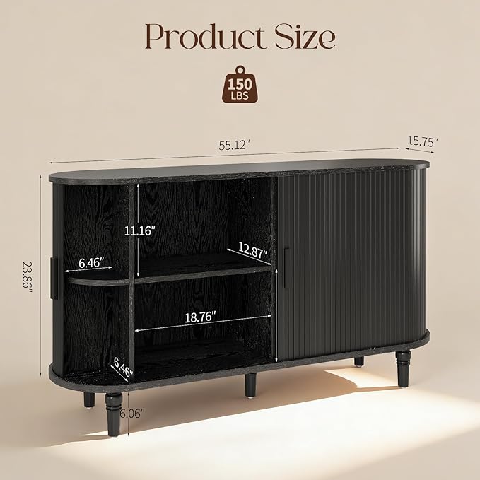 Sideboard Buffet Cabinet with Storage - Accent Kitchen Credenza Console Table with Sliding Door & Adjustable Shelf, Fluted Coffee Bar Sideboards for Living Room, Dining Room, Entryway, Black