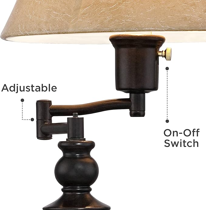 Regency Hill Corey 21.75" High Traditional Natural Cottage Swing Arm Hotel Style Desk Table Lamp with USB Ports A+C Charging Bronze Metal Faux Leather Bell Shade Living Room Bedroom House Bedside