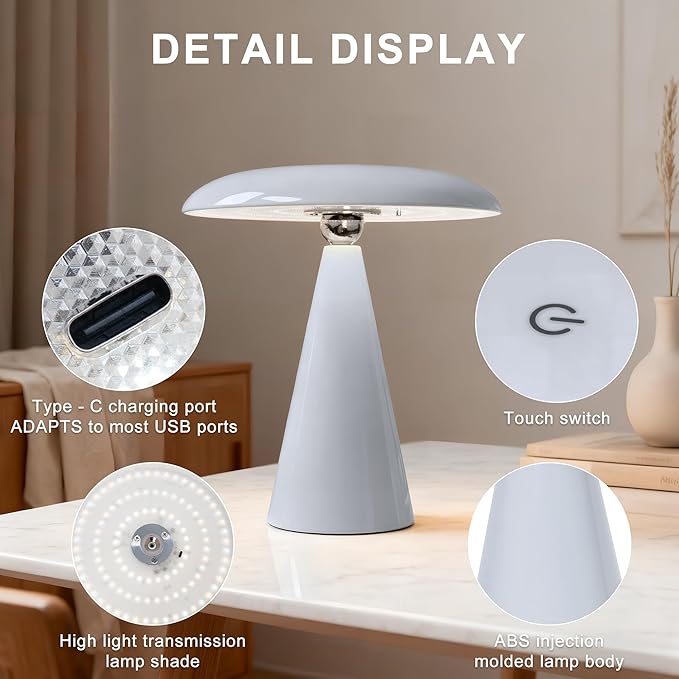 Mushroom Lamp Mid Century Modern Table Lamp, LED Cordless Rechargeable Bedside Light, Dimmable Touch 3-Color Temp, Retro Small Lamp for Bedroom, Living Room，Aesthetic Decor(Gray)