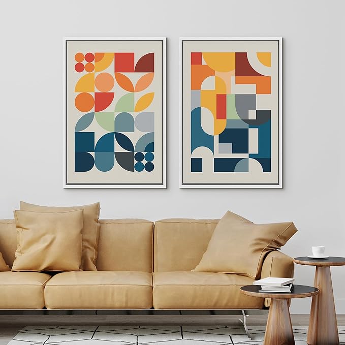 IDEA4WALL Framed Canvas Print Wall Art Set Mid-Century Modern Red & Blue Geometric Color Blocks Abstract Shapes Illustrations Modern Art Decorative Minimalist Multicolor for Bedroom - 24"x36"x2 White