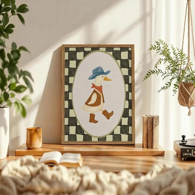 Funny Western Cowboy Goose Wall Art Cute Silly Goose Wall Decor Painting, Southwestern Duck Animal Poster Canvas Print for Living Room Bedroom 12x16 inch Wood Framed