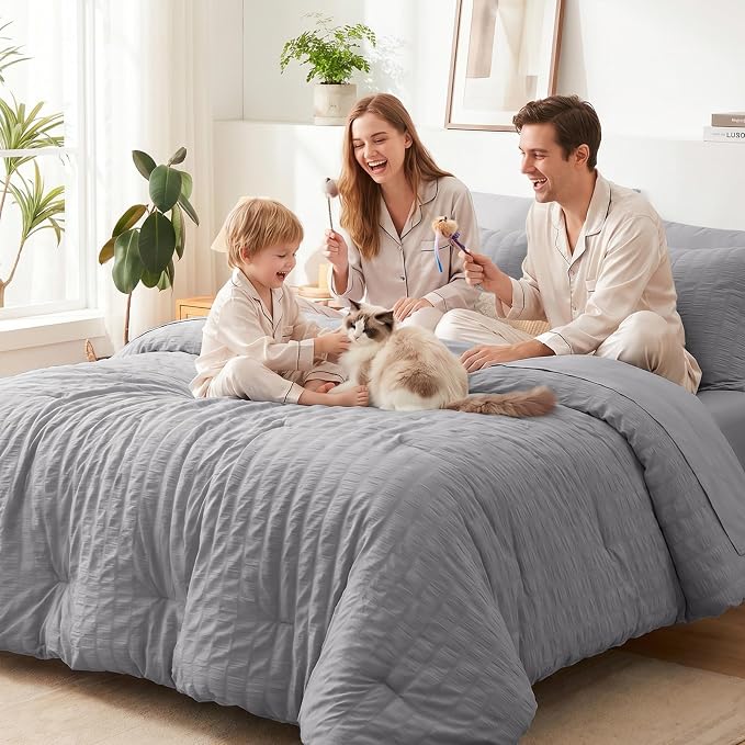 CozyLux Queen Comforter Set Grey, 7 Pieces Seersucker Textured Luxury Bed in a Bag Queen, Gray All Seasons Soft Bedding Sets with Down Alternative Comforter, Sheets, Pillowcases & Shams, Home Gift