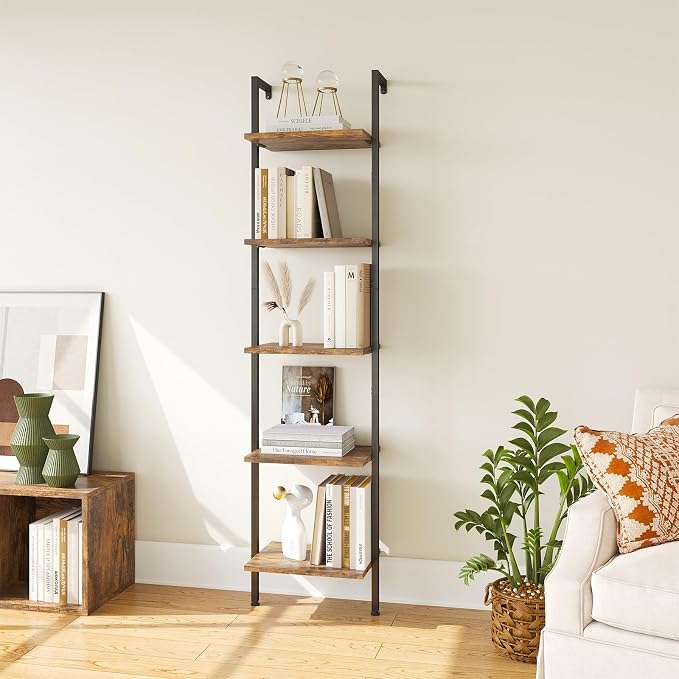 ELYKEN Ladder Shelf, 5-Tier Wood Wall Mounted Bookshelf with Metal Frame, Vintage Open Display Organizer Rack, Leaning Storage Shelves for Living Room, Bedroom, Home Office, Rustic Brown