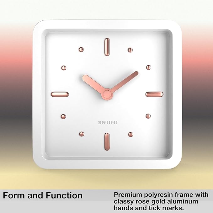 Driini Modern Mid Century Desk & Shelf Clock (White Rose Gold) - Battery Operated with Silent, Analog Movement – Small Tabletop Clocks for Office – Perfect for Mantle, End Table, Desktop or Nightstand