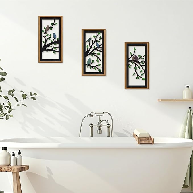 Ausril 3 Pcs Birds Tree Branch Wall Decor,Black Tree of Life Wall Art,Green Leaves with Bird Wall Art,Branch Birds Silhouette Artwork Sculpture,Black Tree Sign Wood Framed for Home Living Room Bedroom