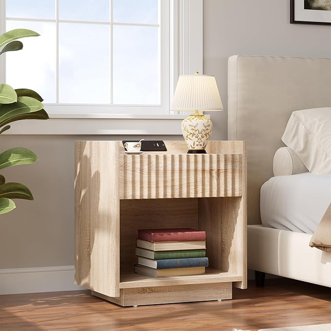 Bigbiglife Fluted Nightstand with Charging Station, 22" Modern Side Table with Drawer End Table with Open Storage, Bedside Table for Bedroom, Living Room, Natural Oak (1, Natural Oak)