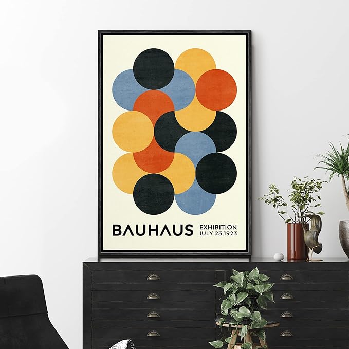 MUDECOR Framed Canvas Print Wall Art Geometric Colorful Circle Bauhaus Polygon Abstract Shapes Illustrations Fine Art Mid-Century Modern Multicolor for Living Room, Bedroom, Office - 16"x24" Black