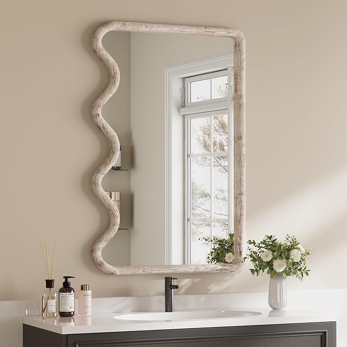 ULIKE Wavy Mirror for Wall, Rustic Wood Mirror for Bathroom Vanity, 24x36 Wooden Wall Mirrors Decorative for Bedroom, Living Room, Entryway, White