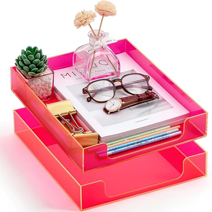 Maxcheck 2 Pcs 12.6 x 10.2 x 2.1'' Acrylic Letter Tray Organizer Stackable Desk Paper Tray with Non Slip Rubber for Office Accessories Desk File Document Folder (Neon Pink)