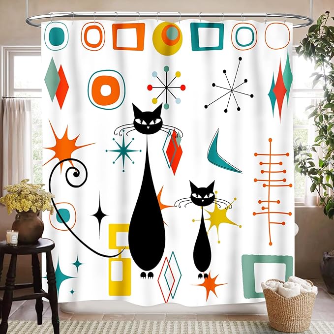 Mid Century Shower Curtain for Bathroom, Rustic Modern Abstract Geometric Black Cat Atomic Teal Orange Kittey Vintage 1950s 1960s Waterproof Fabric Shower Curtain Set with Hooks, 72"x72"