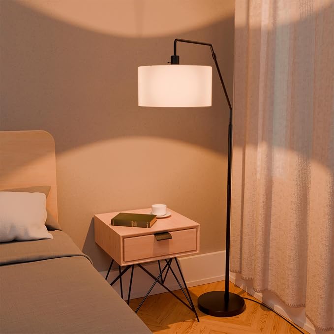 Globe Electric 61000172 65" Floor Lamp, Matte Black, White Fabric Shade, On/Off Rotary Switch on Socket, 5-Foot Black Cord, 1-Light, 100W E26/Medium Base Bulb