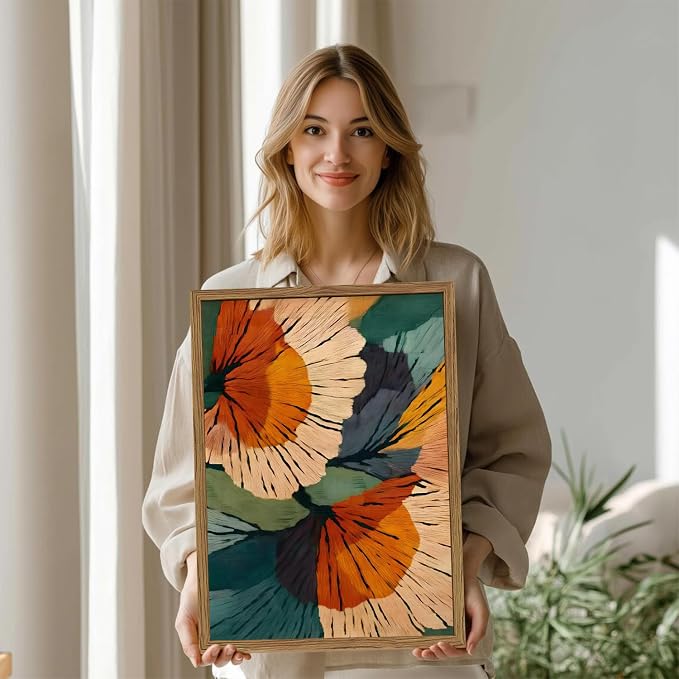 Framed Abstract Floral Wall Art, Boho Vintage Flower Pictures Wall Decor, Mid Century Modern Botanical Paintings Canvas Prints for Living Room Bedroom Office 16x24 inch