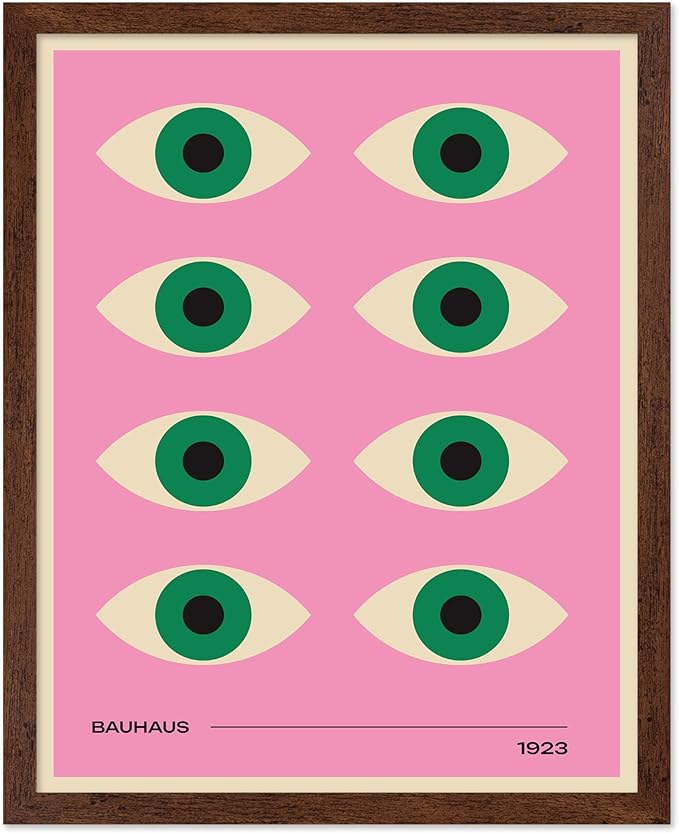 Poster Master Bauhaus Poster - Green Eyes Print - Graphic Design Art - Geometric Art - Chic Boho Art - Mid Century Modern Art - Abstract Art - Living Room or Bedroom Decor - 11x14 Brown Framed
