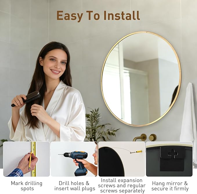 NEWBULIG Wall Mirror, Bathroom Mirror for Over Sink, Matte Metal Framed Vanity Mirror, Wall Decor for Bedroom, Tempered Glass