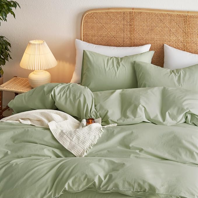 Wake In Cloud - Cotton Duvet Cover Set, 100% Washed Cotton, Linen Like Textured, Breathable Durable Comfy Farmhouse Neutral Bedding Set, 3 Pieces, Sage Green, King Size
