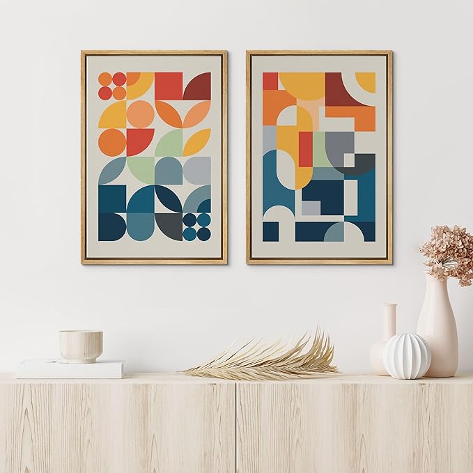 IDEA4WALL Framed Canvas Print Wall Art Set Mid-Century Modern Red & Blue Geometric Color Blocks Abstract Shapes Illustrations Modern Art Decorative Multicolor for Bedroom - 16"x24"x2 Natural