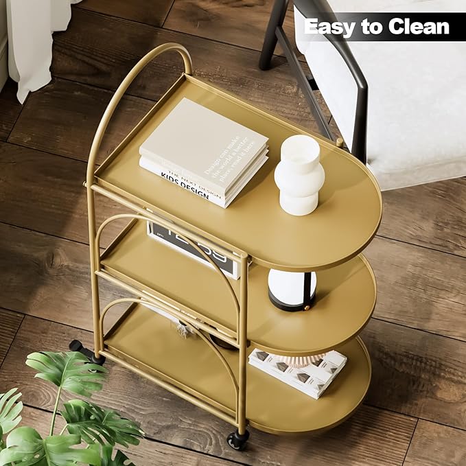 XIV Bar Cart, Metal Serving Cart for Home, Drink Cart, Rolling Beverage Cart with Lockable Wheels, Mobile Rolling Cart for Kitchen and Living Room (Gold)