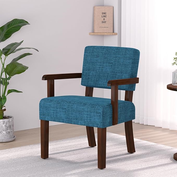 Accent Chair,Armchairs with Solid Wood Frame and Legs,Upholstered Reading Leisure Chair for Bedroom,Office,Waiting Room (Linen, Blue, One Chair)
