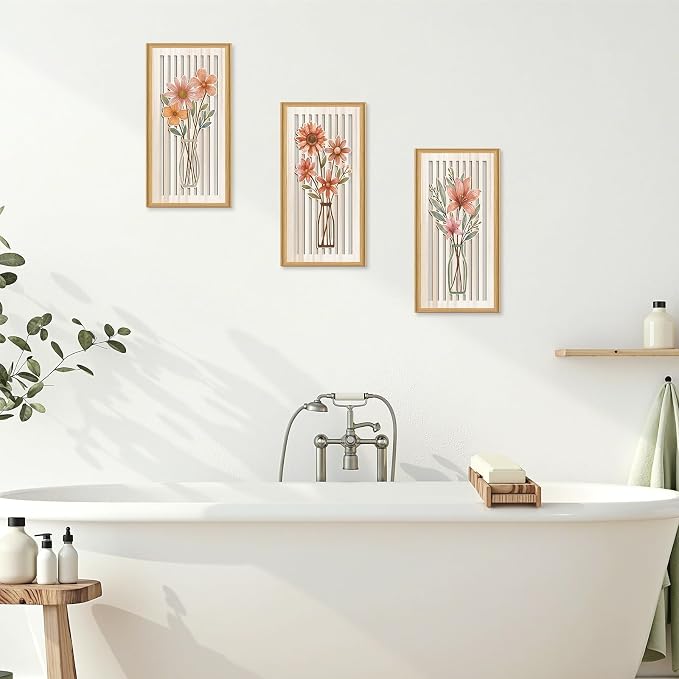 Celestdeco 3 Pcs Boho Flower Market Wall Decor Floral Botanical Modern Wood Wall Art Bohemian Floral Hanging Decor Abstract Minimalist Wooden Art for Living Room Bedroom Office 7.9 x15.8 Inch