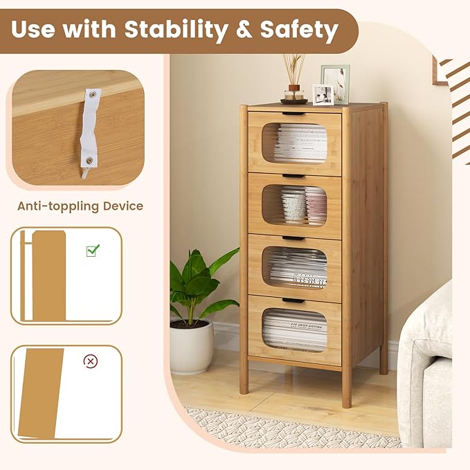 Giantex 4 Drawer Storage Cabinet, Bamboo Storage Organizer with Fluted Tempered Glass Drawers, Mid Century Modern Floor Cabinet for Living Room, Bathroom, Study, Entryway, Natural