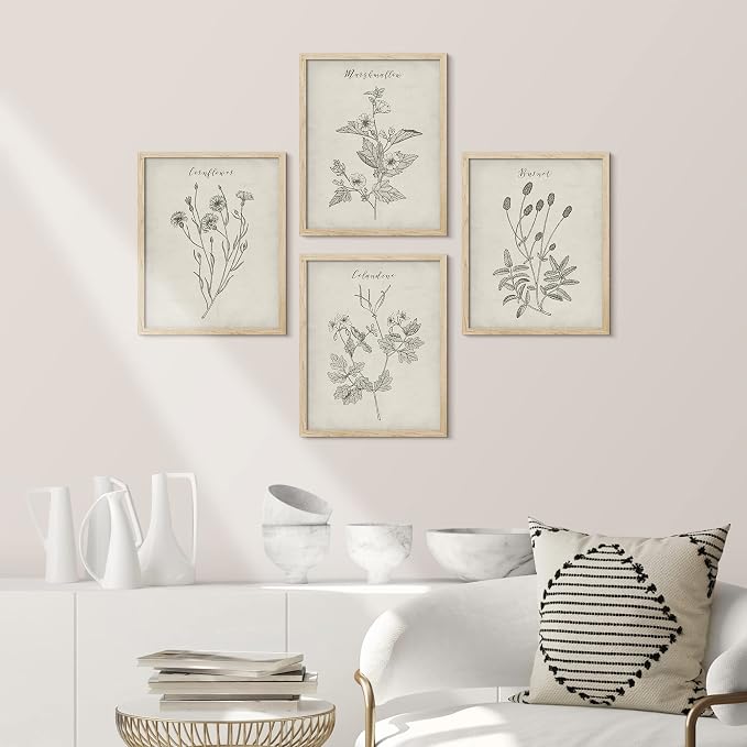 SIGNWIN Framed Vintage Wildflower Wall Art, Set of 4 Plant Collage Drawing Wall Decor Prints, Nature Wilderness Wall Décor for Living Room, Bedroom - 8"x10" Natural