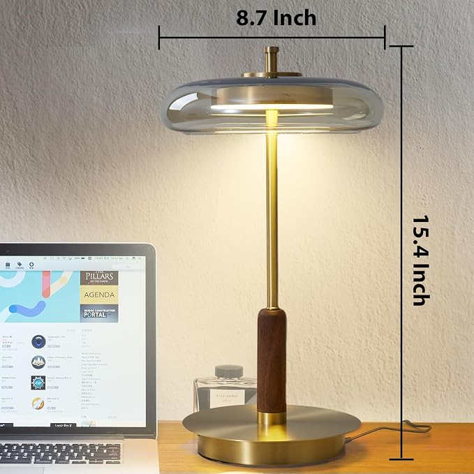 Brass Base Mushroom Table Lamp for Bedroom, Small Desk Lamp with Amber Glass Shade, LED Three Color Temperature Adjustable Brightness Modern Side Table Lighting (H 15.4 in)