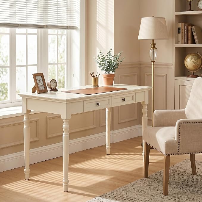 ADORZ Writing Desk with Drawers, 47 Inch French Country Desk Solid Wood Writing Desk for Home Office, Study Workspace or Bedroom (White, 47 inches)