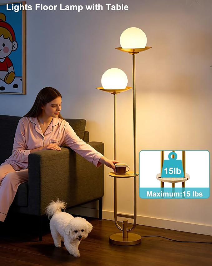 Lightdot 63IN Gold Floor Lamp 2 Globe Mid Century Standing Lamps Dimmable with 3000K Warm White LED Bulbs Unique Vintage Tall Floor Lamp with 5Lbs Heavy Base for Living Room/Wedding/Party