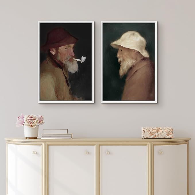 IDEA4WALL Framed Canvas Print Wall Art Set Vintage Old Fishermen Portrait Rustic Illustrations Modern Art Decorative Bohemian Calm/Zen for Living Room, Bedroom, Office - 16"x24"x2 White