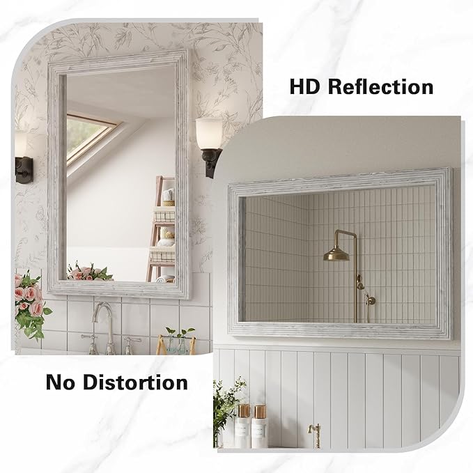 ULIKE Wood Mirror for Bathroom, Farmhouse Mirror with Rustic Frame, 24x36 Inch White Vanity Mirrors for Wall Decor of Bedroom or Living Room, Vertical or Horizontal Hanging, Rectangle