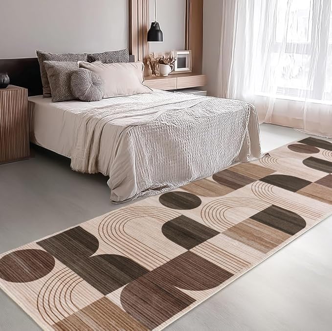 Machine Washable 2.7x8 Runner Rug, Soft Modern Geometric Abstract Brown Rugs for Bedroom Living Room, Non-Shedding Faux Wool Indoor Throw Floor Carpet for Office Entryway Dining Room Decor