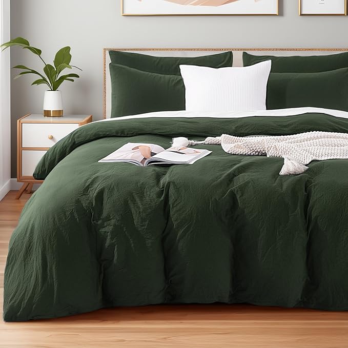 NEXHOME PRO Queen Duvet Cover Set – 100% Certified Organic Cotton with Washed Feel & Linen-Like Texture, Comfortable & Breathable, Home Bedding Set Olive Green (No Comforter)