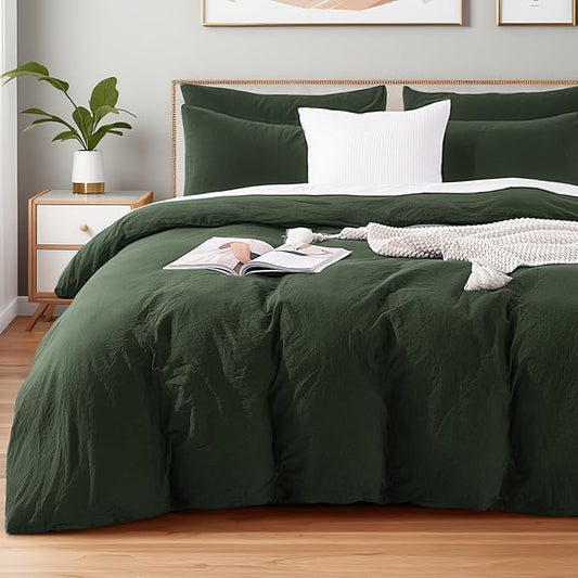 NEXHOME PRO Full Duvet Cover Set – 100% Certified Organic Cotton with Washed Feel & Linen-Like Texture, Comfortable & Breathable, Home Bedding Set Olive Green (No Comforter)