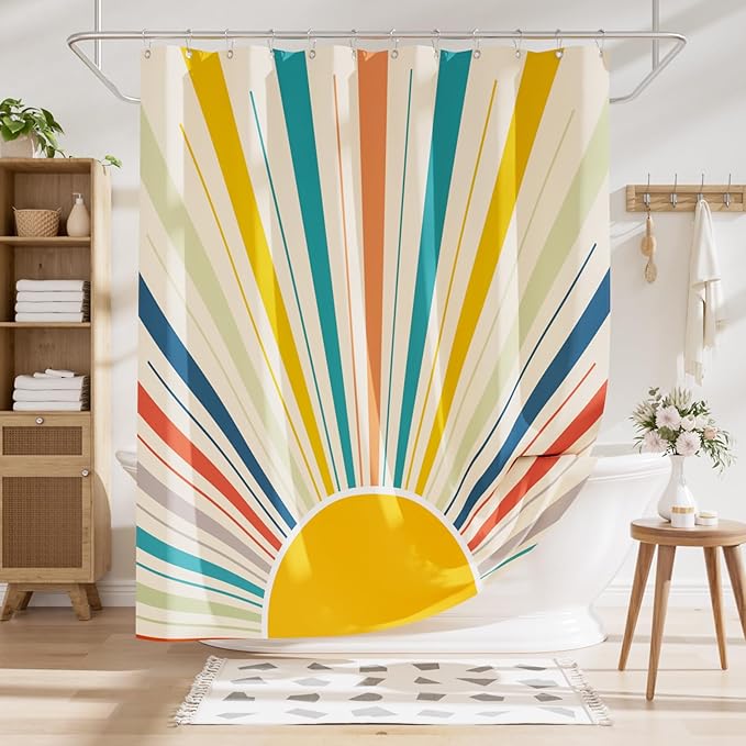 AmazerBath Shower Curtain, Washable Cloth Shower Curtain Sets with 12 Shower Curtain Hooks, Luxury Colorful Sunshine Yellow Waterproof Rustic Fabric Shower Curtains for Bathroom Decor, 72x72 Inches