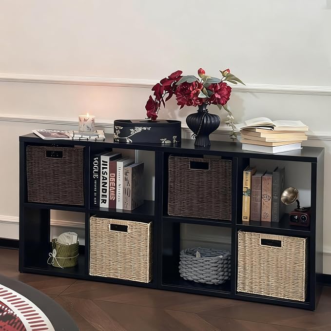 IRONMIX Metal Cube Storage Organizer with 4 Storage Basket, Short Bookshelf with Storage, 2 Tier Black Bookshelf Cube Shelf, Short Bookcase for Home Office Library (Black, 700+1037 with Basket)