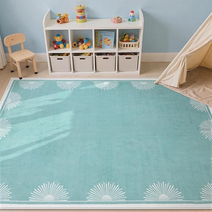 Hedlive Modern Bedroom Rug 8x10 Under Bed, Low Pile Washable Rugs for Living Room,Soft Sun Printed Large Rug,Aqua Dining Room Rugs for Under Table Classroom Dorm(8x10ft, Baby Blue)