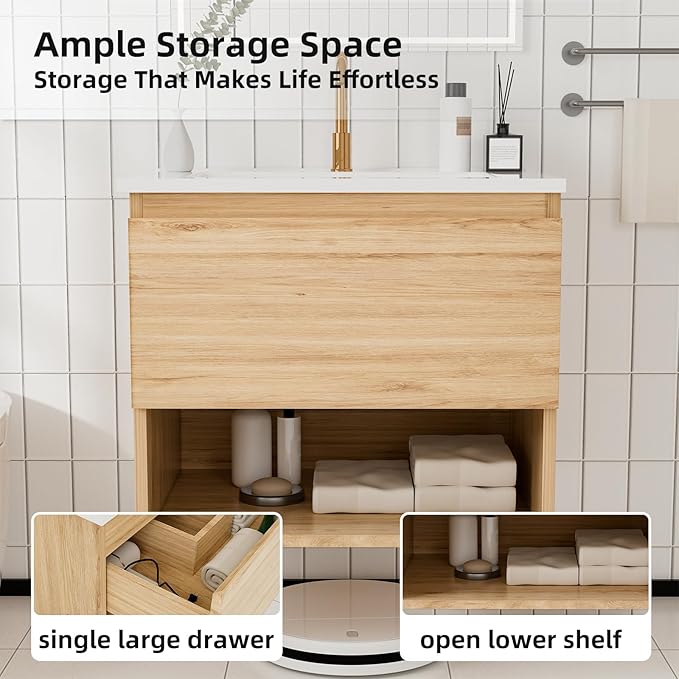 24 inch 3D Carved Bathroom Vanity with Open Compartment, Floating Cabinet with Soft-Close Drawer,with Ceramic Basin,Single Shelve,Mid Century Modern,Triamine Finish (Yellow Oak/White Sink)