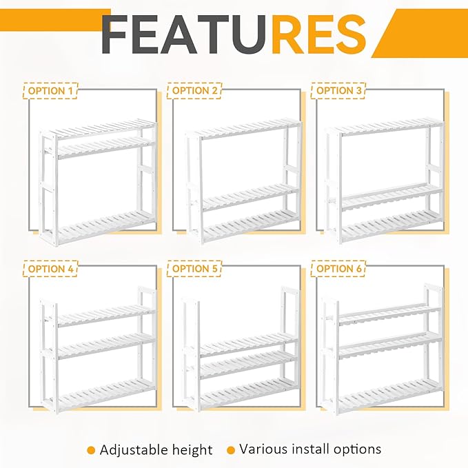 Wood Bathroom Shelf, 3-Tier Adjustable Shoes Rack&Plants Rack, Wall-Mounted or Stand for Living Room (White)