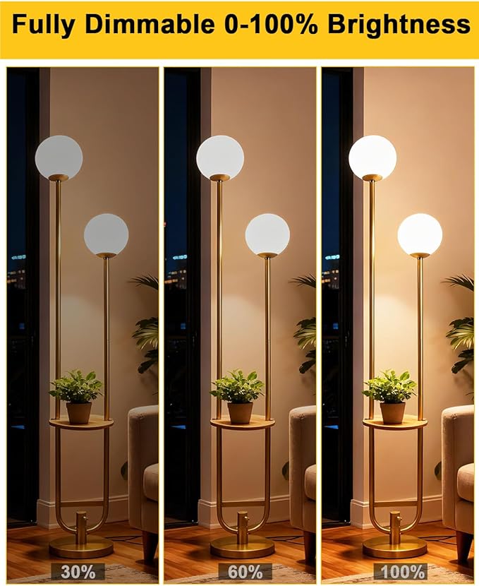 Lightdot 63IN Gold Floor Lamp with Table, 2 Globe Mid Century Standing Lamps with Warm White LED Bulbs, Unique U-Pole Vintage Tall Floor Lamp for Living Room/Wedding/Party/Sofa Beside/Corner Decor